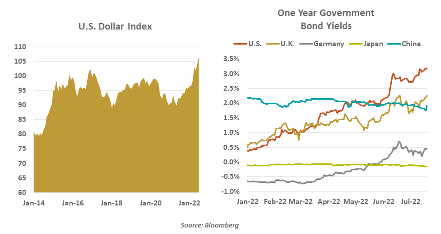 Chart 1: U.S. dollar index & one year government bond yields