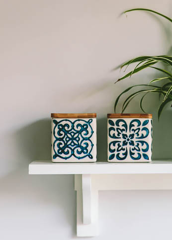 Decorative boxes on a shelf with a plant.